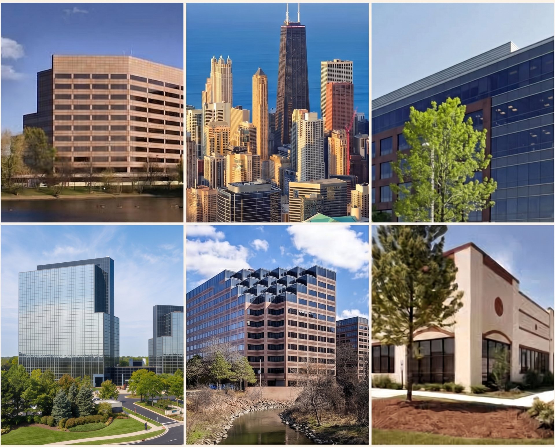 Office buildings across Chicago and suburban submarkets served by Tenant Advisors, including the Chicago CBD skyline, Schaumburg, O'Hare, and East-West Corridor properties