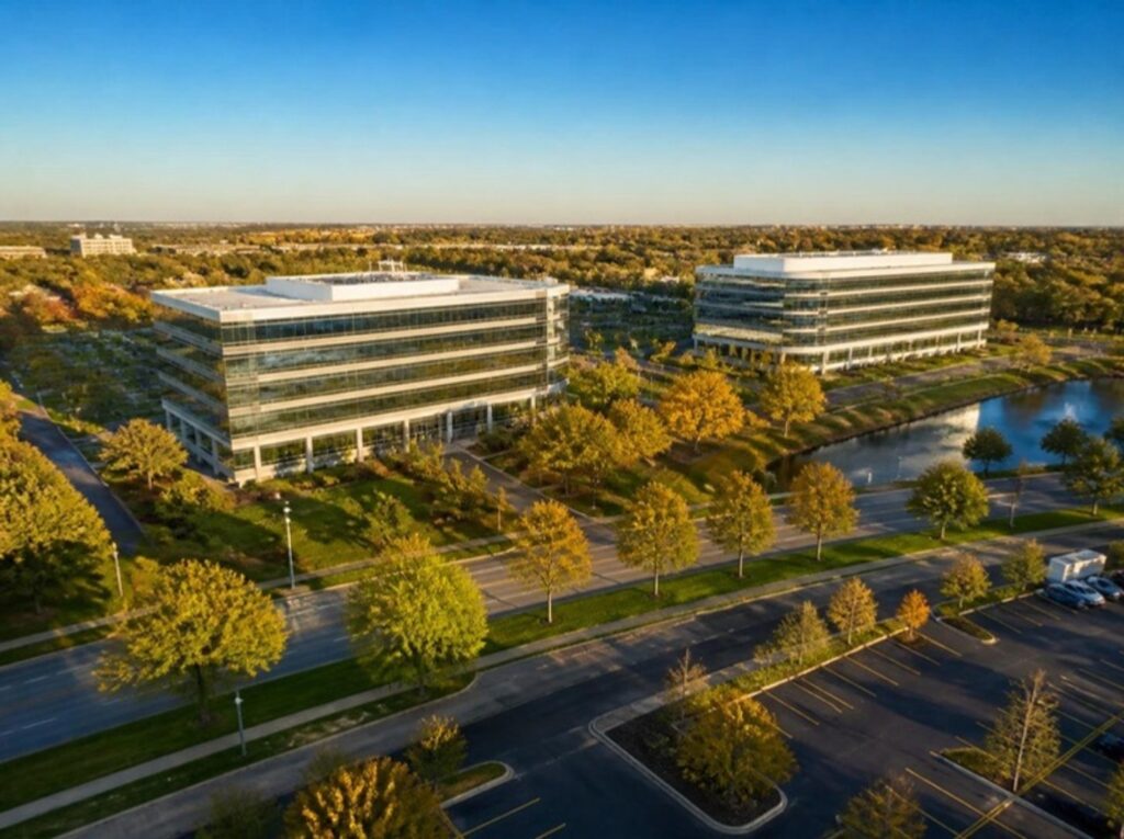 Office buildings along a tree-lined parkway in Deerfield, IL, Deerfield office space guide for tenants | Tenant Advisors