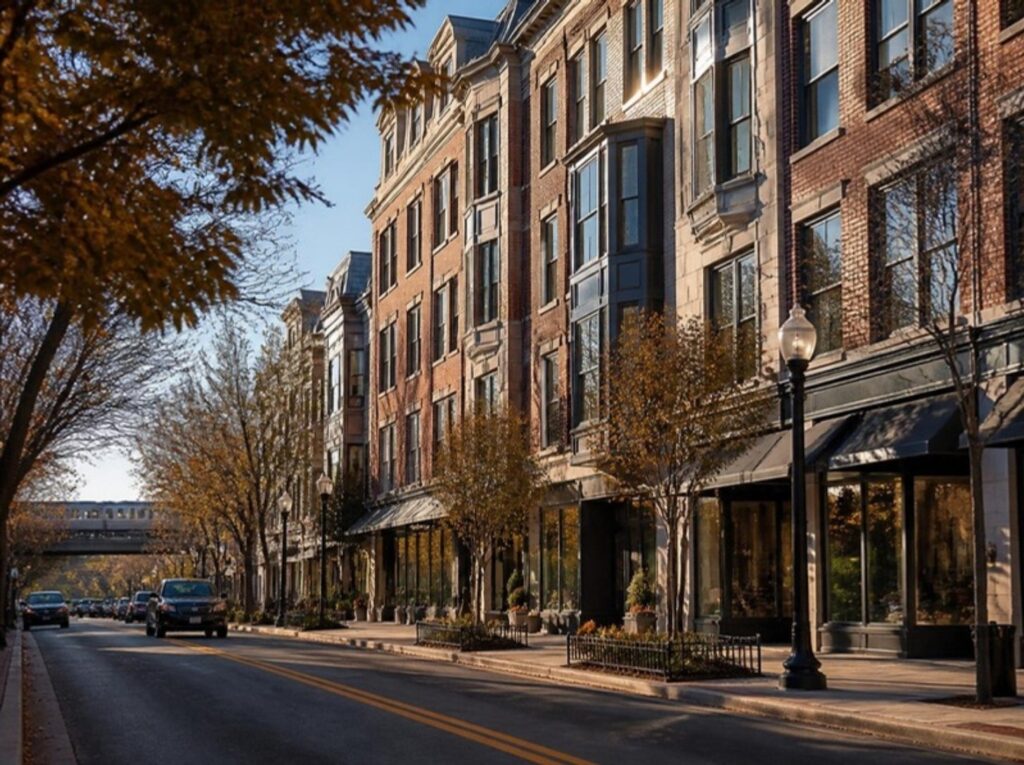 Brick office and mixed-use buildings in downtown Highland Park, IL, Highland Park office space guide for tenants | Tenant Advisors