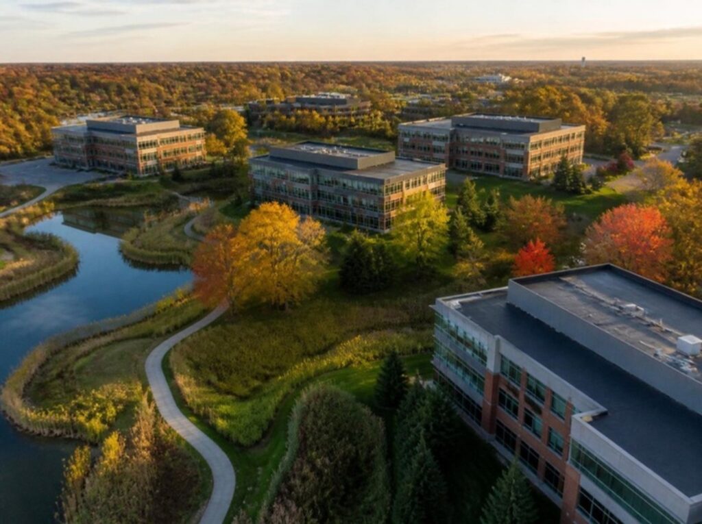 Corporate office park with prairie landscaping in Lake Forest, IL, Lake Forest office space guide for tenants | Tenant Advisors