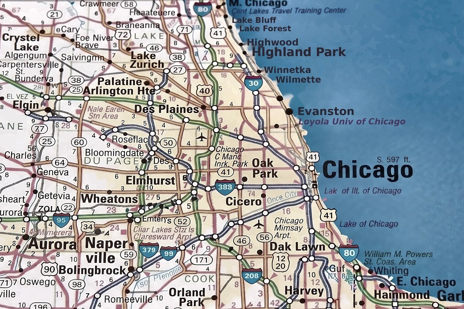 Chicago-area map showing the five office markets covered by Tenant Advisors: Northwest Suburbs, O'Hare/Rosemont, East-West Corridor, North Suburbs, and Chicago CBD