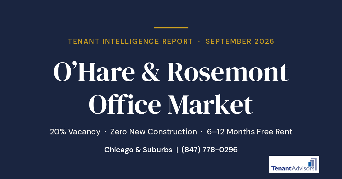 O'Hare and Rosemont office market tenant intelligence report, September 2026 — 20% vacancy, zero new construction, 6–12 months free rent — Tenant Advisors