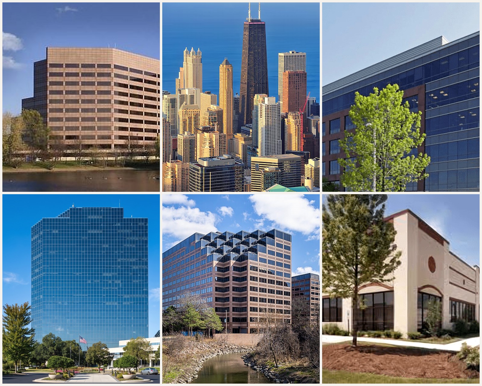 Office buildings across Chicago and suburban submarkets served by Tenant Advisors, including the Chicago CBD skyline, Schaumburg, O'Hare, and East-West Corridor properties