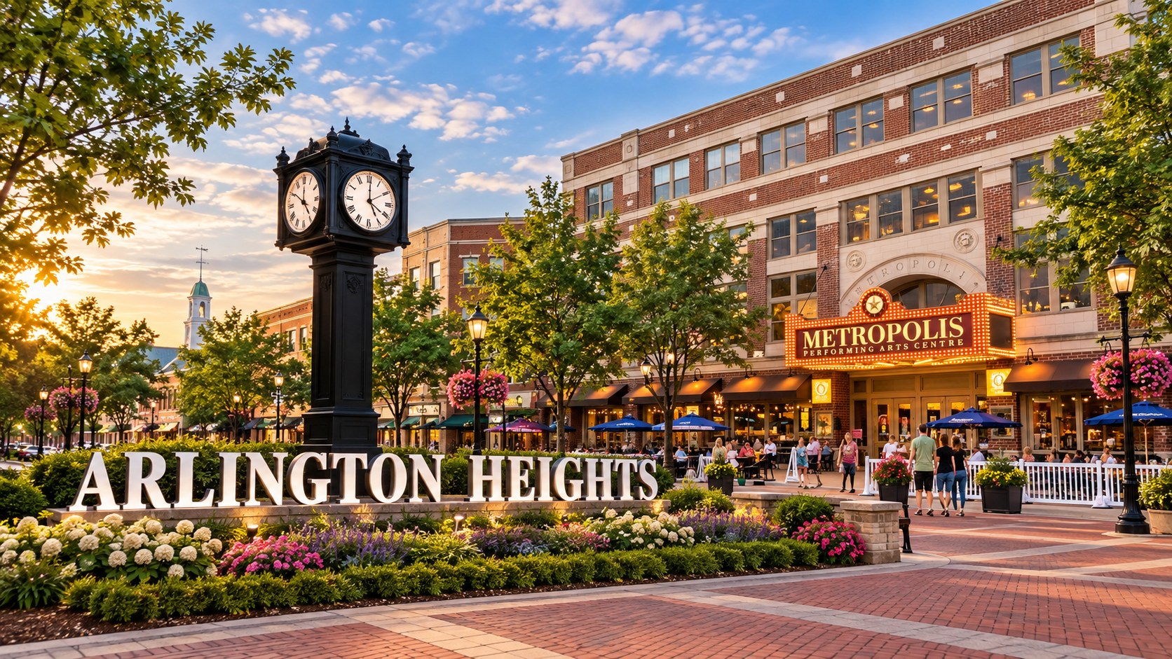 Downtown Arlington Heights, Illinois, with the clock tower and Metropolis Performing Arts Centre
