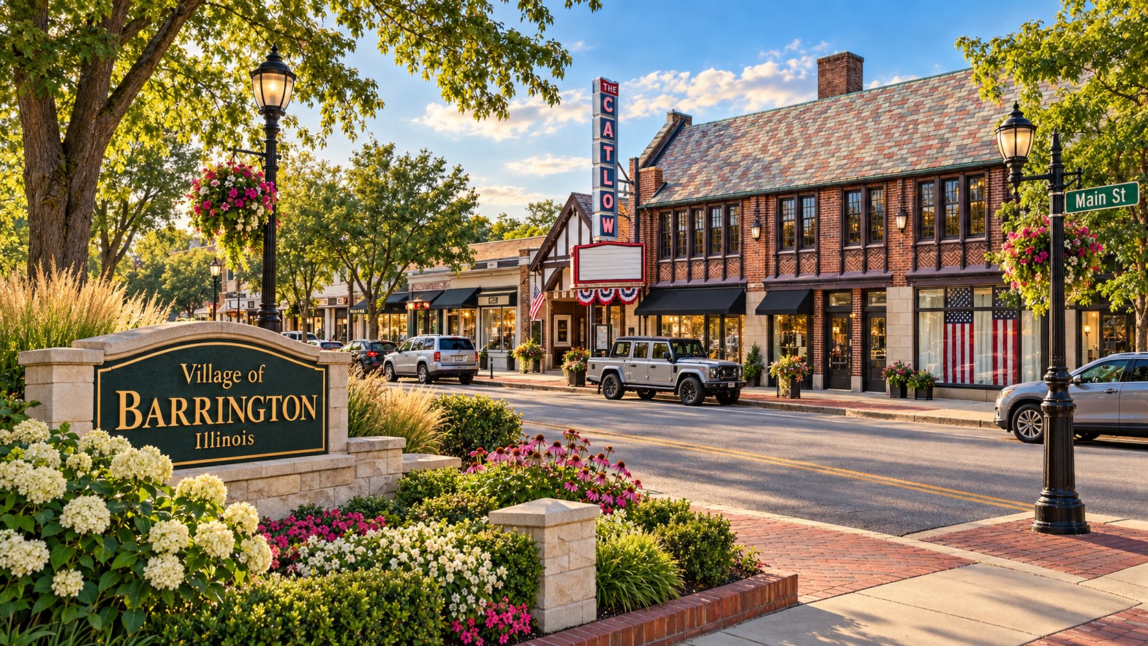 Downtown Barrington, Illinois, with the Village of Barrington sign and Main Street storefronts
