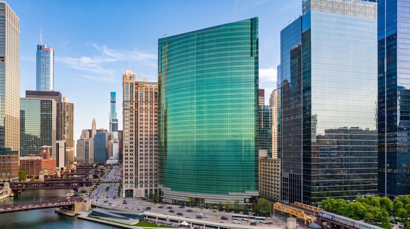 Chicago CBD office towers along the Chicago River and Wacker Drive