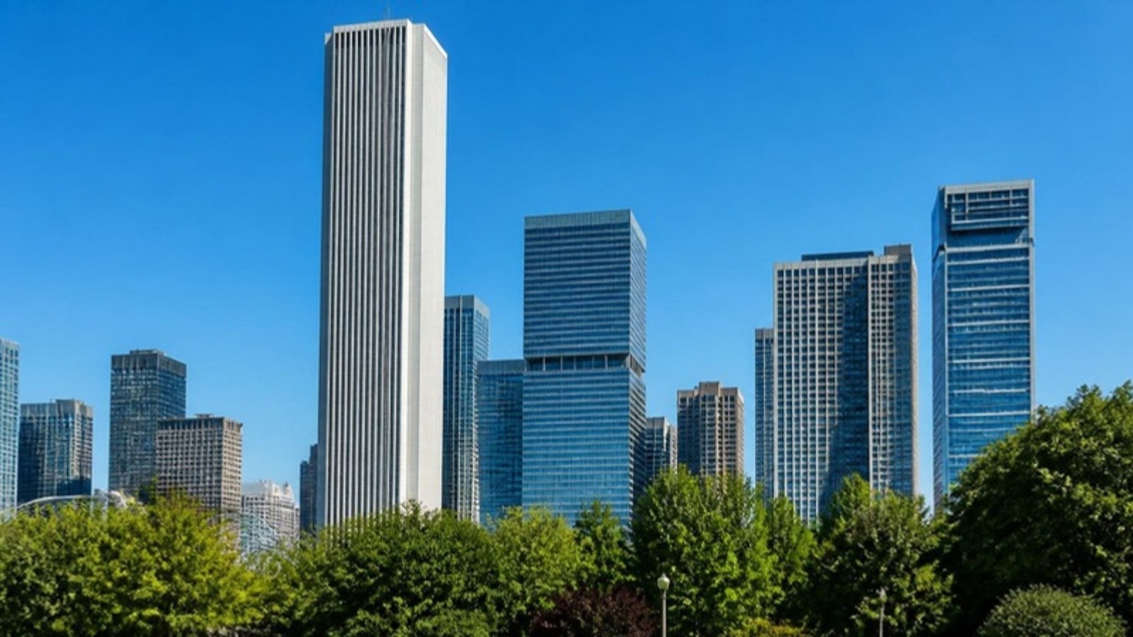 Aon Center and East Loop office towers above Millennium Park, Chicago