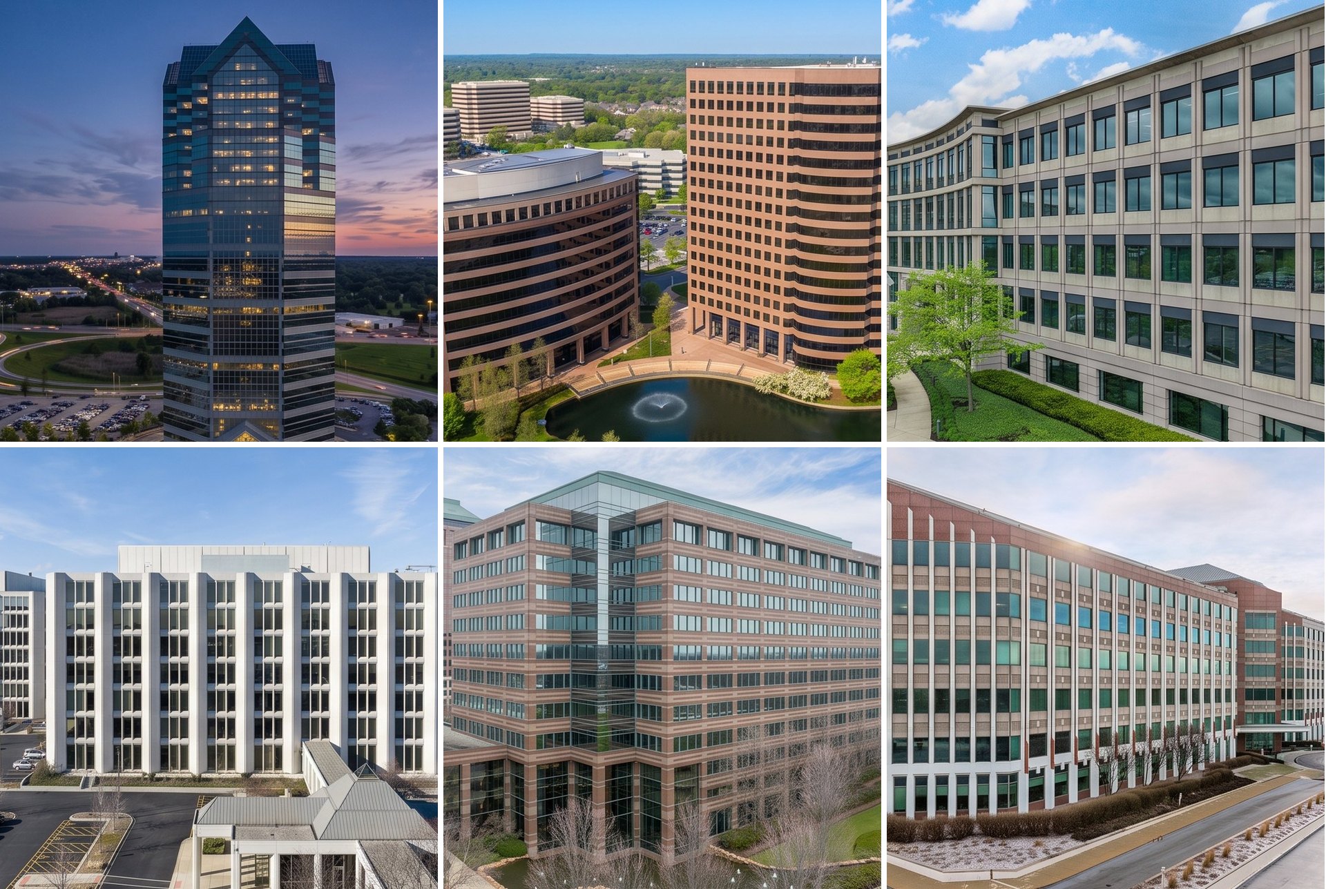 Office buildings along the I-88 East-West Corridor, including Oak Brook, Downers Grove, Lisle, and Naperville