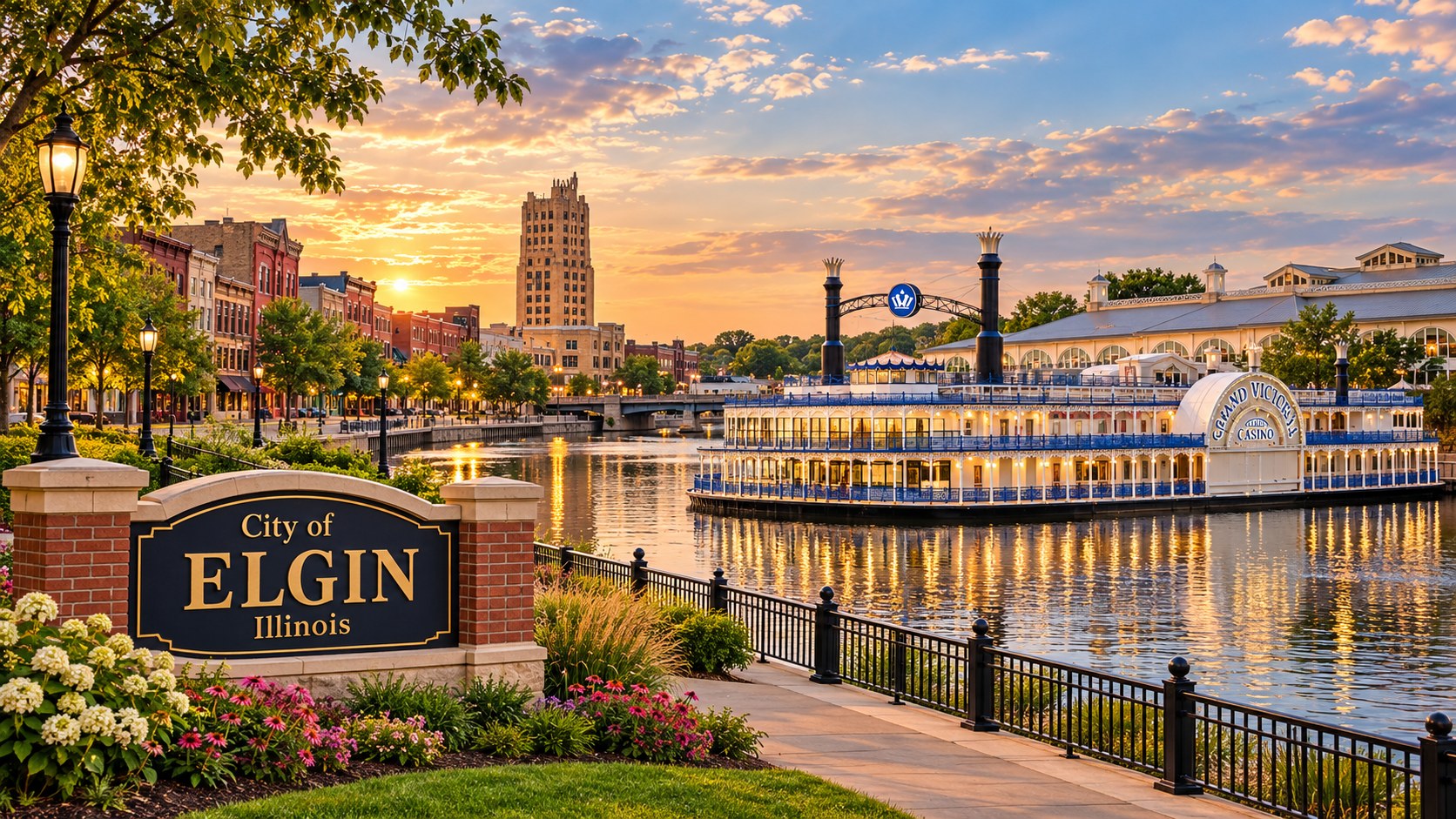 Downtown Elgin, Illinois, along the Fox River with the City of Elgin sign
