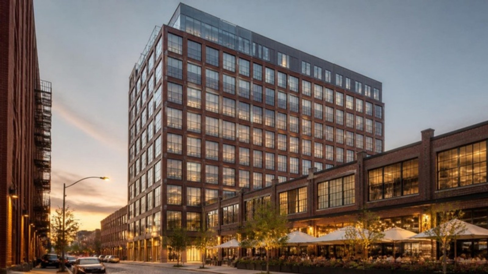 Brick-and-glass office building and restaurants on Fulton Market, Fulton Market district, Chicago