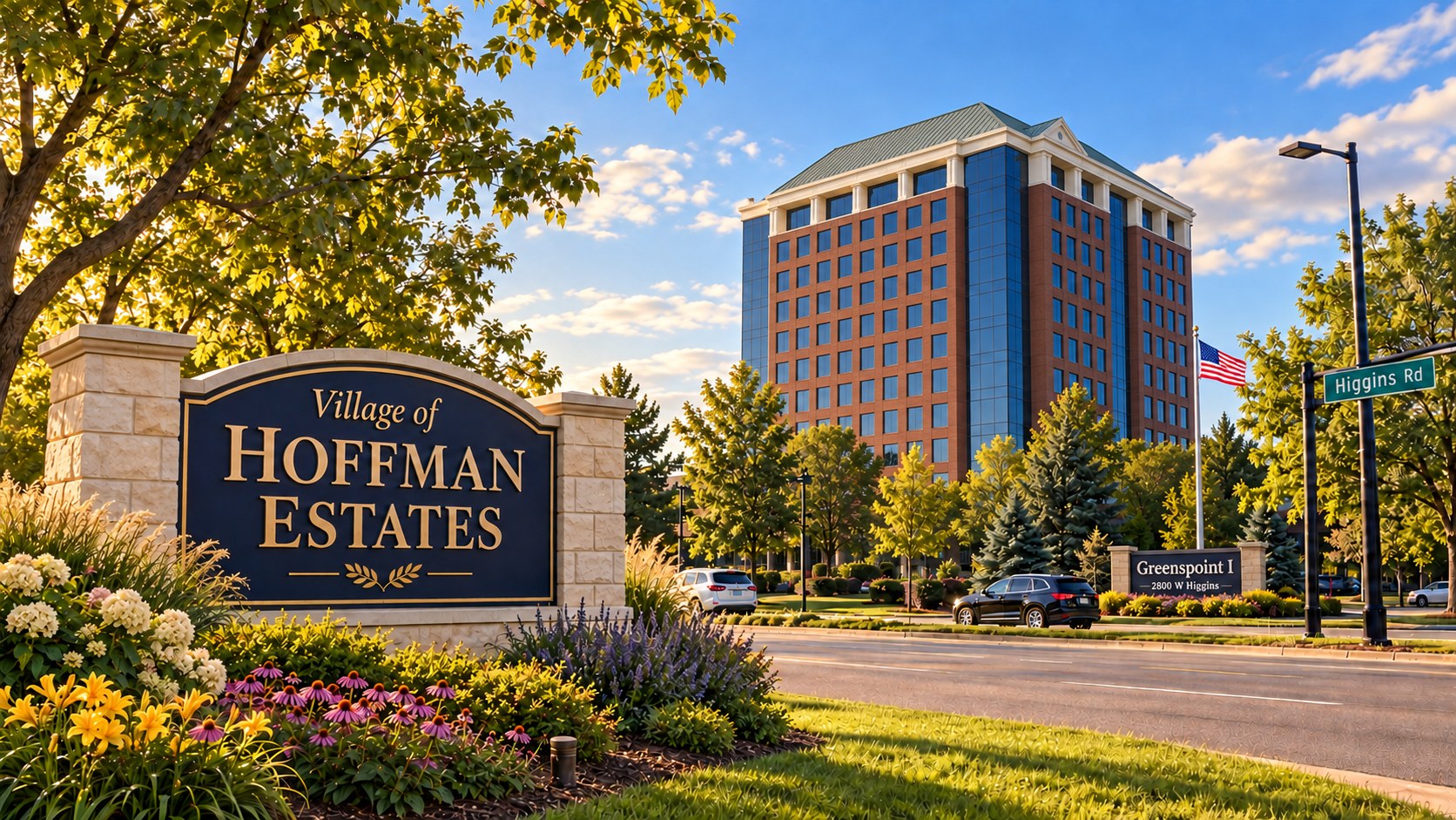 Hoffman Estates, Illinois, village sign and office building on Higgins Road