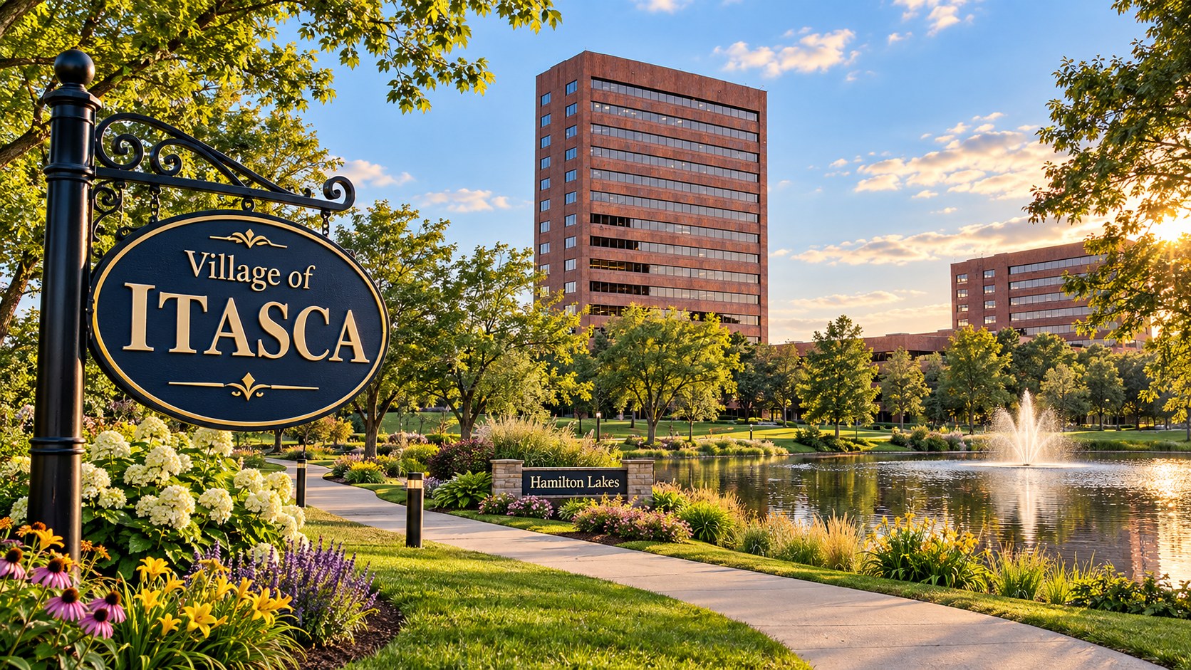 Hamilton Lakes office buildings in Itasca, Illinois, with the Village of Itasca sign