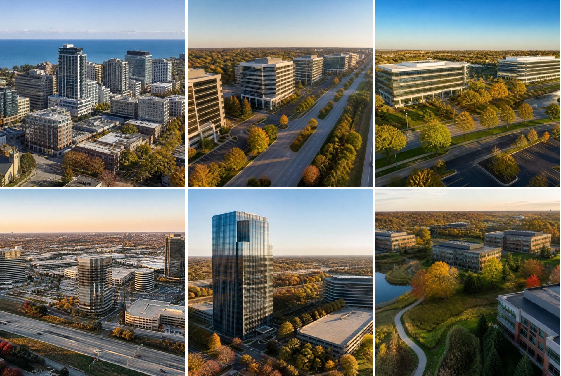 Office buildings across the North Suburbs office market, including Evanston, Northbrook, Deerfield, Skokie, Lincolnshire, and Lake Forest