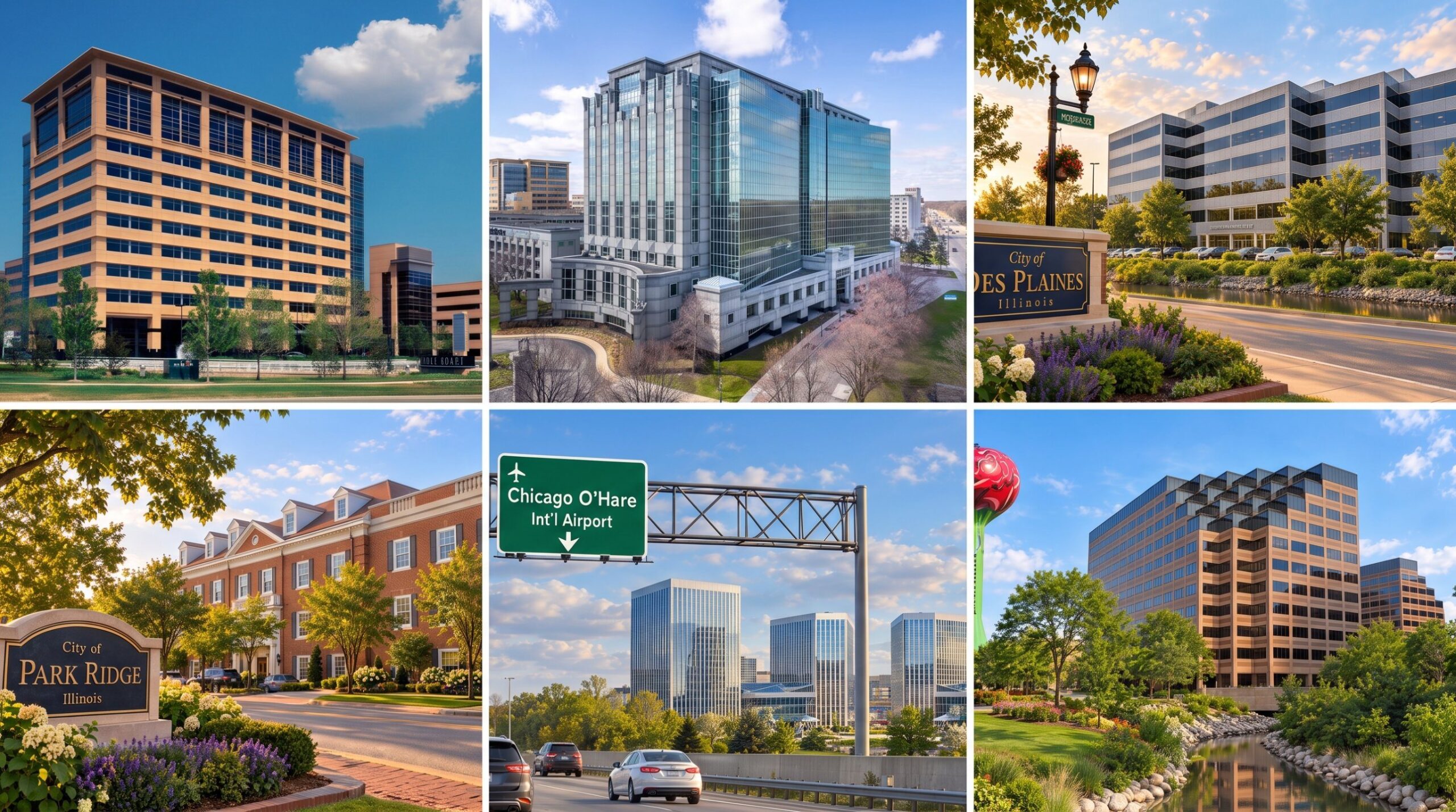Office buildings across the O'Hare office market, including Des Plaines, Park Ridge, and the Chicago O'Hare corridor