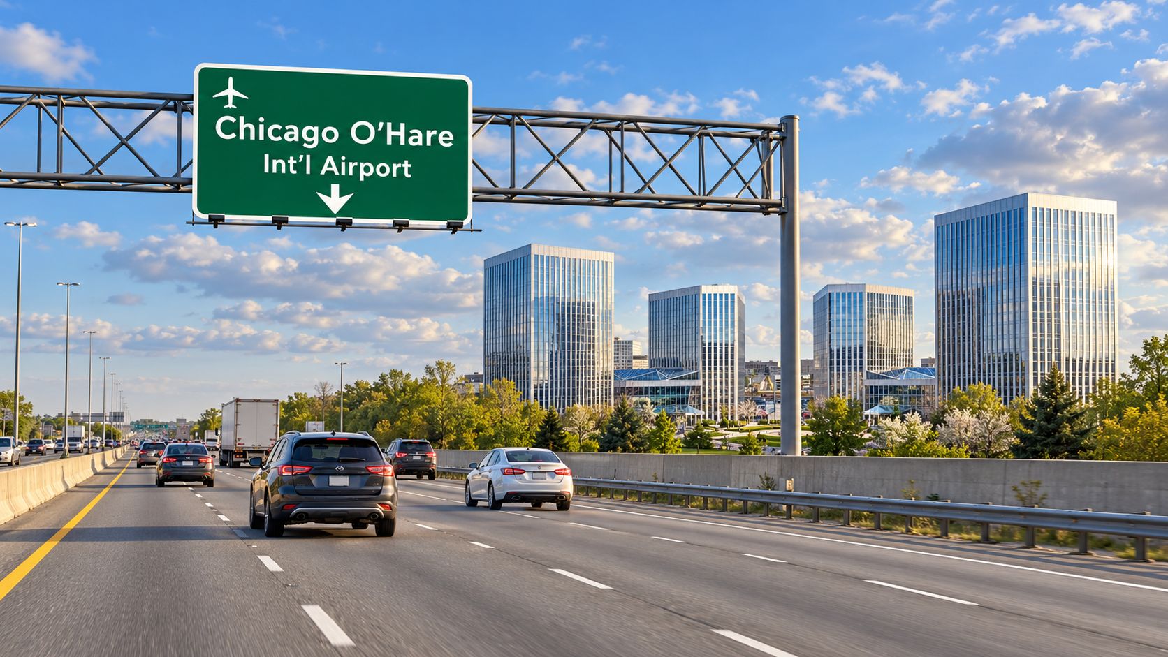 Office towers along the highway approach to Chicago O'Hare International Airport