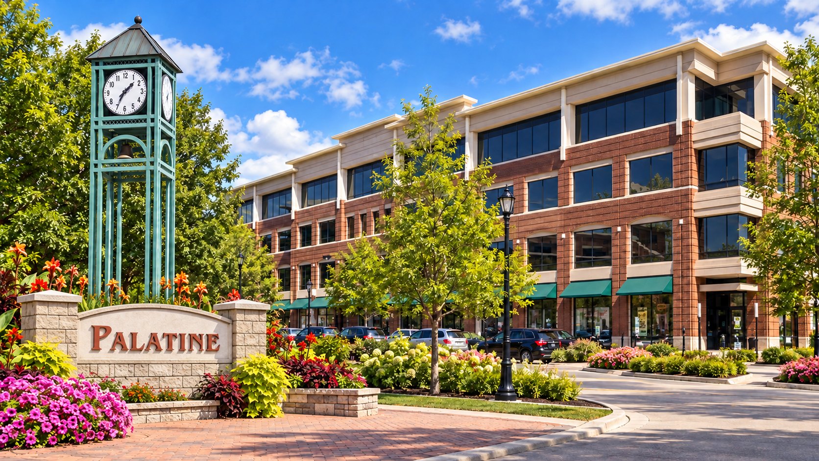 Palatine, IL office building with Palatine monument sign and clock tower, Palatine office space guide for tenants | Tenant Advisors