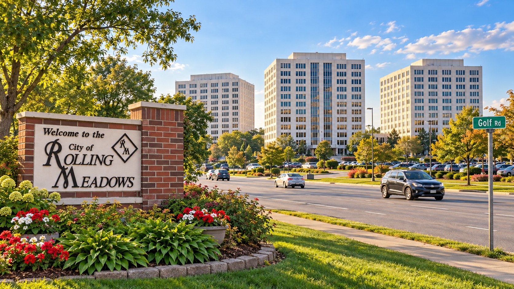 Office towers on Golf Road in Rolling Meadows, Illinois, with the city welcome sign