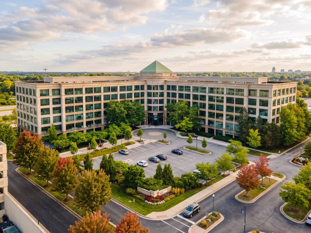 Aerial view of a Class A office building in Schaumburg, IL with landscaped grounds and surface parking, Schaumburg office space guide for tenants | Tenant Advisors